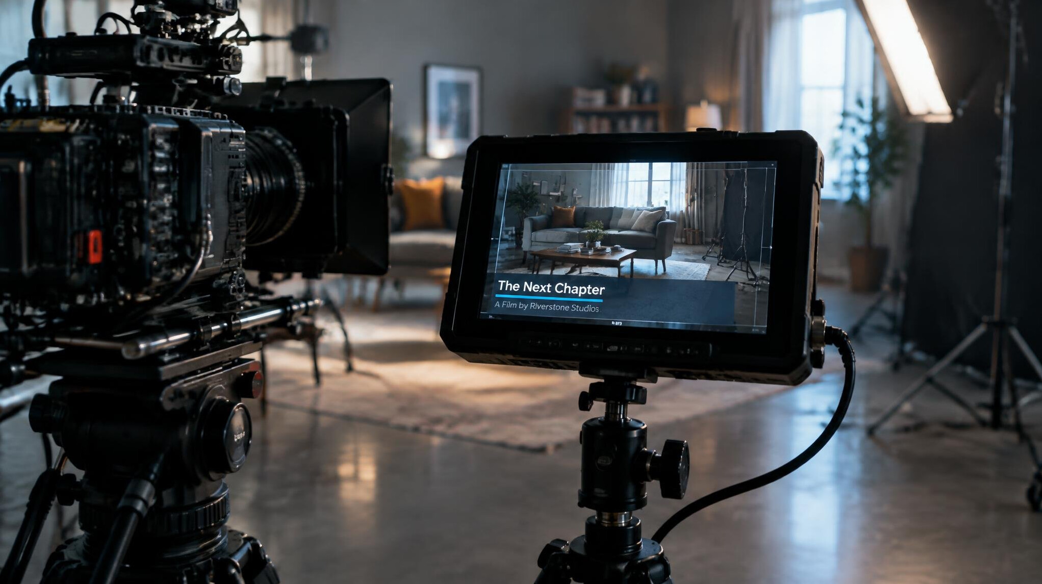 Cinema camera on a film set with a monitor showing a sequence